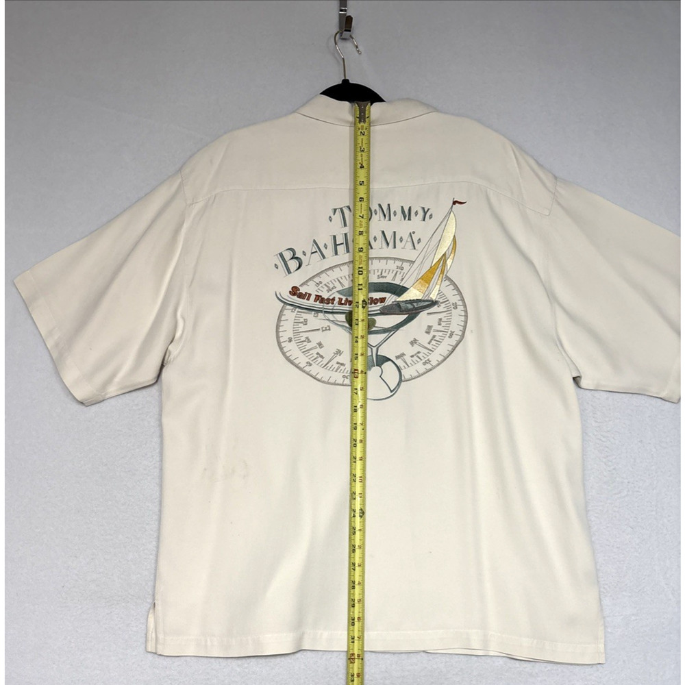 Tommy Bahama Mens XL Silk Camp Shirt Beige Embroidered Sail Fast Live Slow - Picture 3 of 8